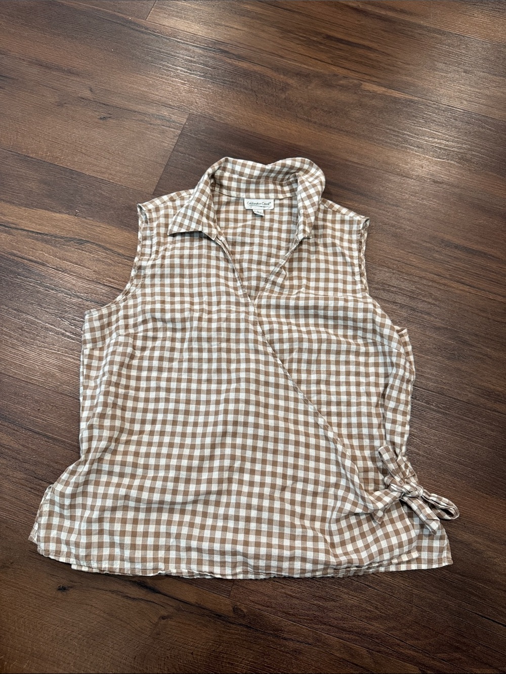 Women’s Brown and White Gingham Sleeveless Wrap-front top